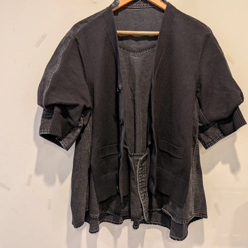 Sacai Women's Black Denim Knit Hybrid Cardigan XL Mixed Media Unique Art - Picture 6 of 10